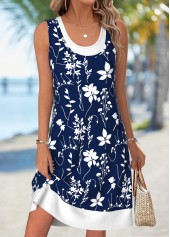Navy Floral Print Tummy Coverage Sleeveless Scoop Neck Dress | thumb picture 