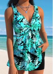 Cyan Mid Waisted Tummy Coverage Leaf Print Tankini Set | thumb picture 