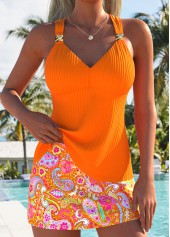 Orange Mid Waisted Lace Up Paisley Print Tankini Set