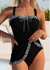 Black Tummy Coverage Striped One Piece Swimdress