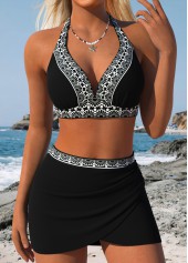 Black Mid Waisted Pull On Floral Print Bikini Set