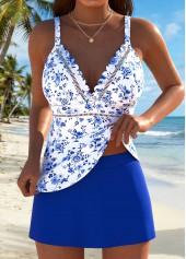 Royal Blue Mid Waisted Patchwork Floral Print Tankini Set