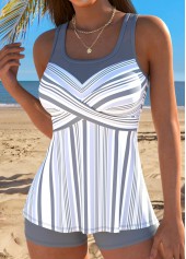 Grey Mid Waisted Tummy Coverage Striped Tankini Set | thumb picture 