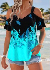 Cyan Tropical Plants Print Tummy Coverage T Shirt | thumb picture 