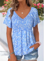 Dusty Blue Ditsy Floral Print Curved Hem T Shirt