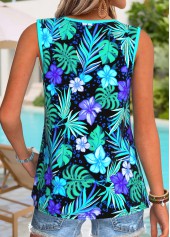 Cyan Leaf Print Curved Hem Sleeveless Tank Top | thumb picture 