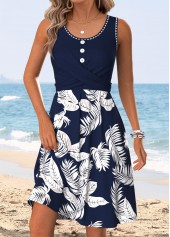 Dark Blue Leaf Print Tummy Coverage Sleeveless Dress