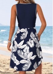 Dark Blue Leaf Print Tummy Coverage Sleeveless Dress | thumb picture 
