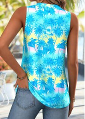 Cyan Tropical Plants Print Curved Hem Sleeveless Tank Top | thumb picture 