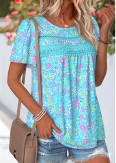 Cyan Ditsy Floral Print Curved Hem T Shirt | thumb picture 
