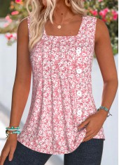 Pink Ditsy Floral Print Pleated Sleeveless Tank Top