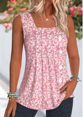 Pink Ditsy Floral Print Pleated Sleeveless Tank Top | thumb picture 