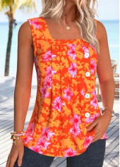 Orange Floral Print Pleated Sleeveless Square Neck Tank Top | thumb picture 