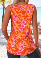 Orange Floral Print Pleated Sleeveless Square Neck Tank Top | thumb picture 