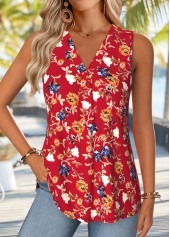 Red Floral Print Curved Hem Sleeveless Tank Top