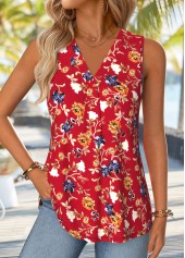 Red Floral Print Curved Hem Sleeveless Tank Top | thumb picture 