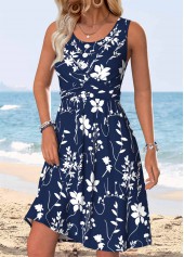 Navy Leaf Print Short Shirred Sleeveless Round Neck Dress | thumb picture 