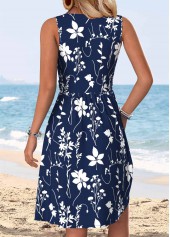 Navy Leaf Print Short Shirred Sleeveless Round Neck Dress | thumb picture 