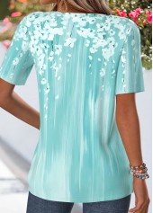 Cyan Floral Print Tuck Stitch Short Sleeve T Shirt | thumb picture 