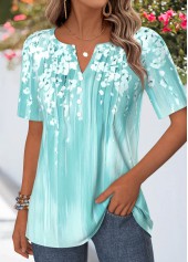 Cyan Floral Print Tuck Stitch Short Sleeve T Shirt | thumb picture 
