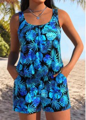 Blue Tummy Coverage Leaf Print One Piece Swimwear