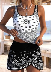 Black Mid Waisted Tummy Coverage Tribal Print Tankini Set