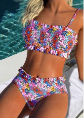 Multi Color Mid Waisted Frill Floral Print Bikini Set