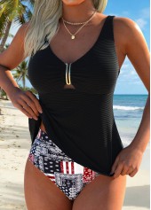 Black Mid Waisted Curved Hem Patchwork Tankini Set | thumb picture 