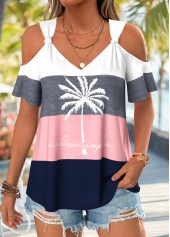 Pink Tropical Plants Print Twist Short Sleeve T Shirt