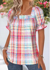 Multi Color Plaid Curved Hem Short Sleeve T Shirt | thumb picture 