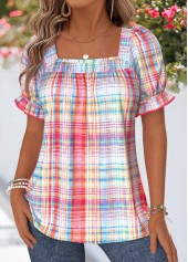 Multi Color Plaid Curved Hem Short Sleeve T Shirt