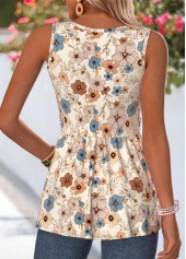 Beige Floral Print Wrap Sleeveless Round Neck Tank Top | thumb picture 