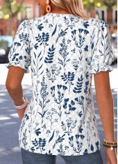 Blue Leaf Print Short Sleeve V Neck T Shirt | thumb picture 