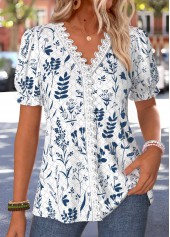 Blue Leaf Print Short Sleeve V Neck T Shirt