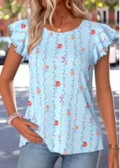 Light Blue Floral Print Ruffle Short Sleeve T Shirt