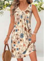 Beige Floral Print Short Shirred Sleeveless V Neck Dress