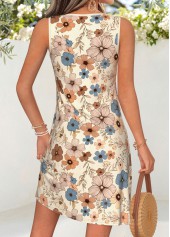 Beige Floral Print Short Shirred Sleeveless V Neck Dress | thumb picture 