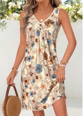 Beige Floral Print Short Shirred Sleeveless V Neck Dress | thumb picture 