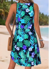 Cyan Floral Print Short Shirred Sleeveless V Neck Dress | thumb picture 