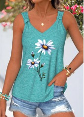 Cyan Floral Print Tie Sleeveless V Neck Tank Top
