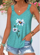 Cyan Floral Print Tie Sleeveless V Neck Tank Top | thumb picture 