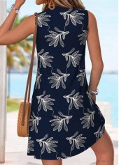 Navy Leaf Print Short Shirred Sleeveless V Neck Dress | thumb picture 