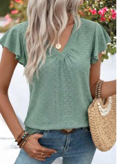Sage Green Shirred Short Sleeve V Neck T Shirt | thumb picture 