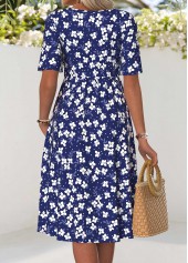 Navy Floral Print Smocked Short Sleeve Split Neck Dress | thumb picture 