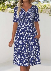 Navy Floral Print Smocked Short Sleeve Split Neck Dress | thumb picture 