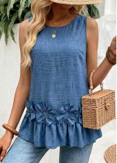 Denim Blue Patchwork Sleeveless Round Neck Tank Top | thumb picture 