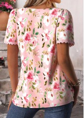 Light Pink Floral Print Pleated Short Sleeve T Shirt | thumb picture 