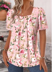 Light Pink Floral Print Pleated Short Sleeve T Shirt | thumb picture 