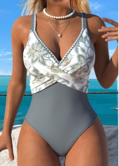 Grey Patchwork Tribal Print One Piece Swimwear
