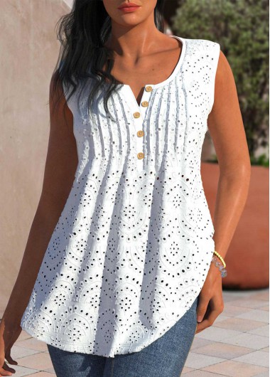 women clothes image of White Tuck Stitch Split Neck Tank Top